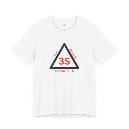 White t-shirt with a black triangle graphic and text on a white background