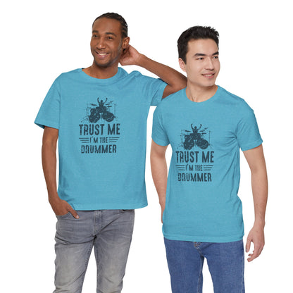 Two men wearing blue t-shirts with 'Trust Me, I'm the Drummer' text and graphic.