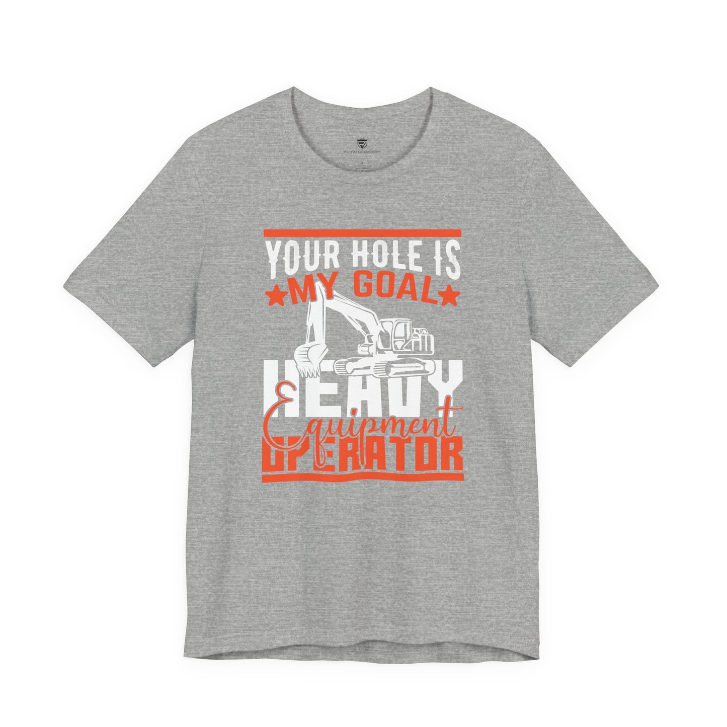 Gray t-shirt with red and white graphic and text on a white background