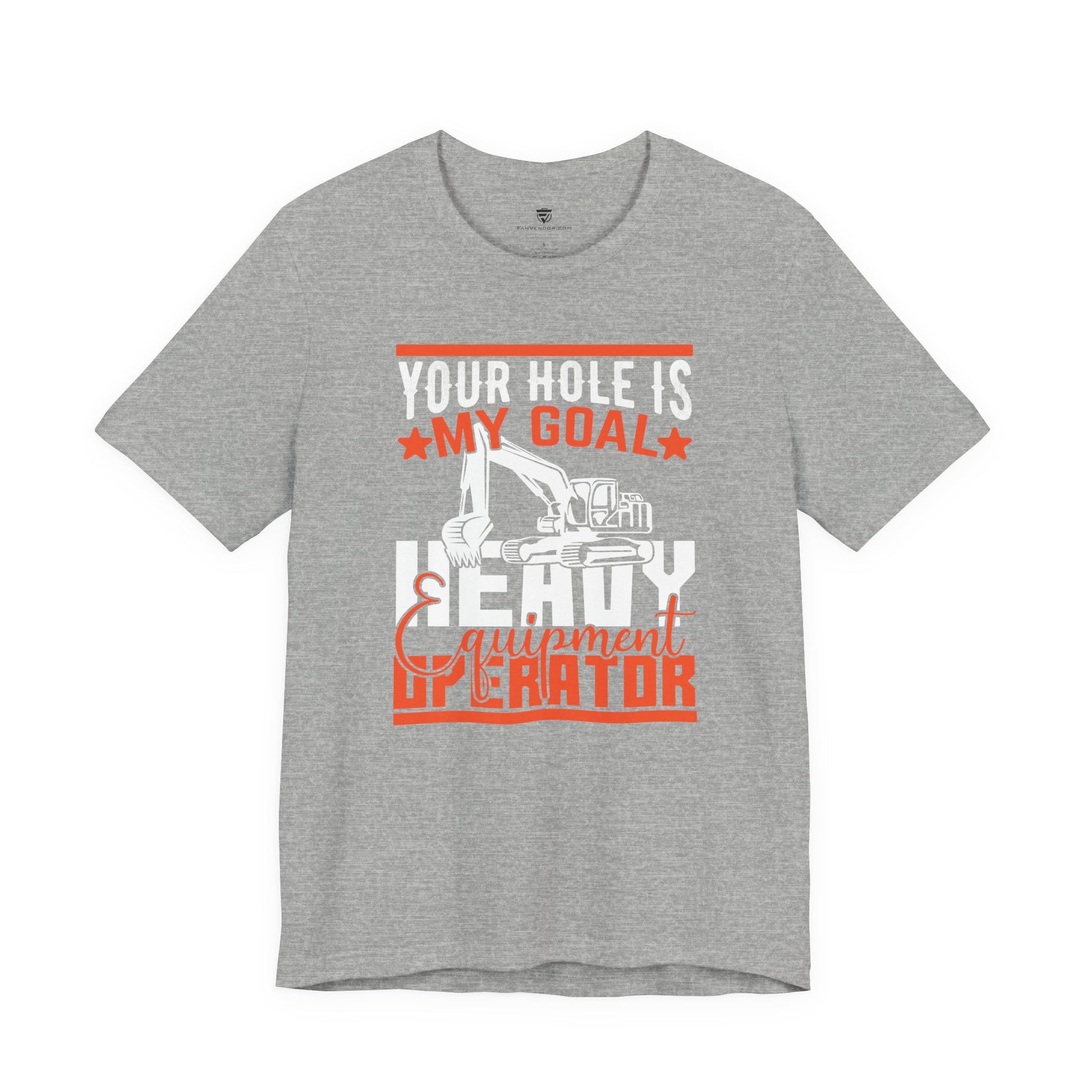 Gray t-shirt with red and white graphic and text on a white background