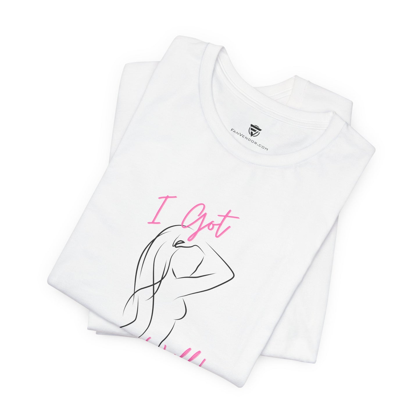 White t-shirt with a design and text on a white background