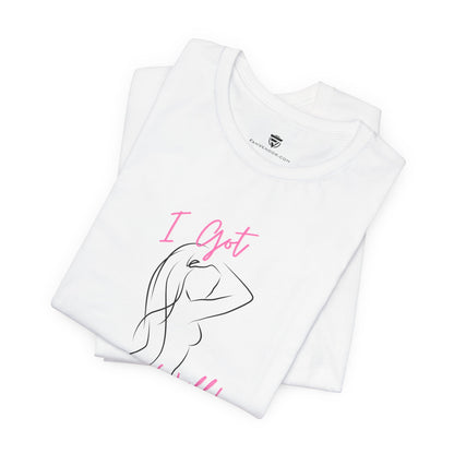 White t-shirt with a design and text on a white background