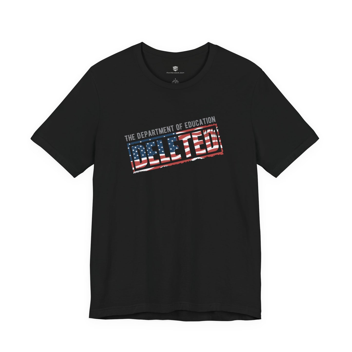 Black t-shirt with 'The Department of Education' text and American flag design on a white background