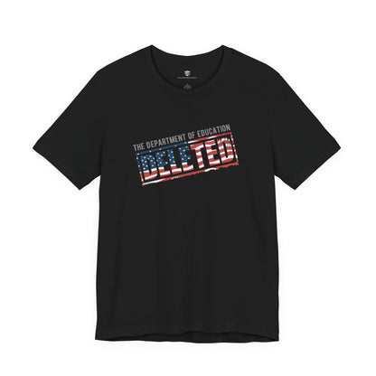 Black t-shirt with 'The Department of Education' text and American flag design on a white background