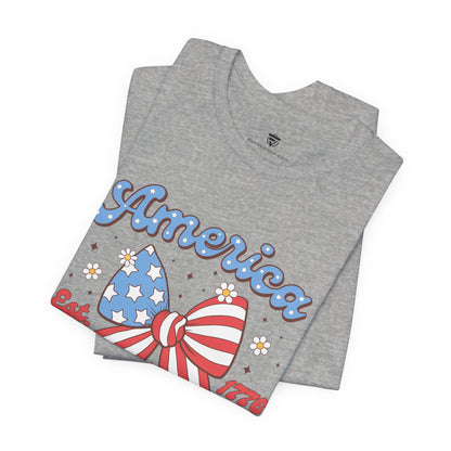 Gray t-shirt with 'America' and patriotic design on a white background
