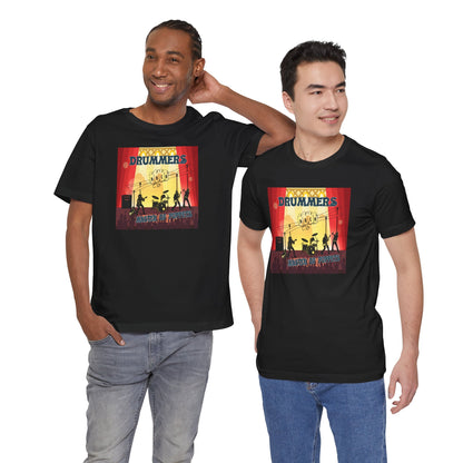 Two people wearing black t-shirts with a colorful graphic design on a white background