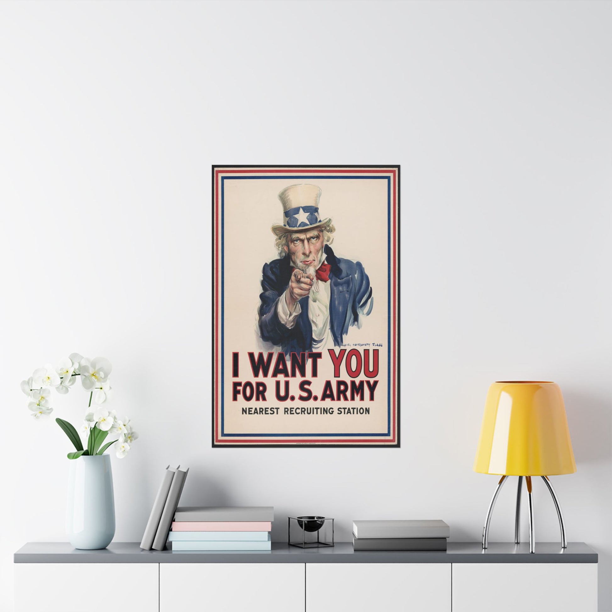 Vintage-style poster of Uncle Sam with 'I Want You for U.S. Army' text on a wall above a shelf.