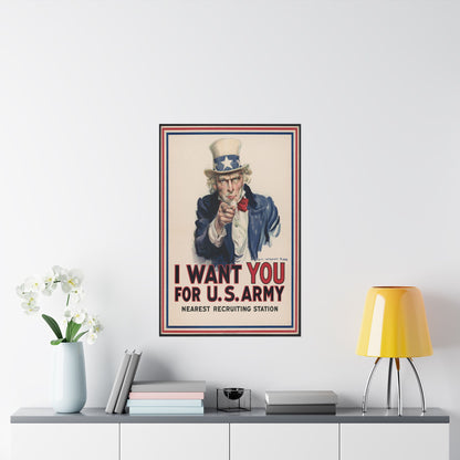 Vintage-style poster of Uncle Sam with 'I Want You for U.S. Army' text on a wall above a shelf.