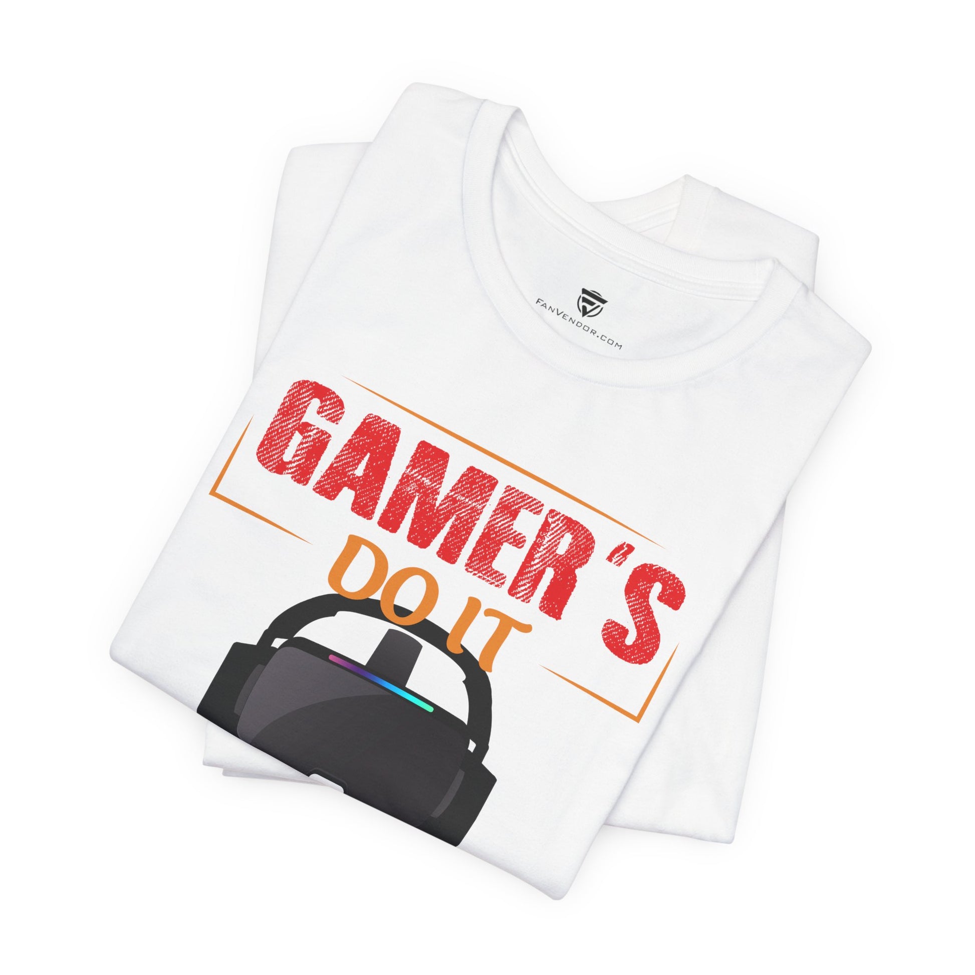 White t-shirt with 'GAMER'S DO IT' text and VR headset graphic on a white background