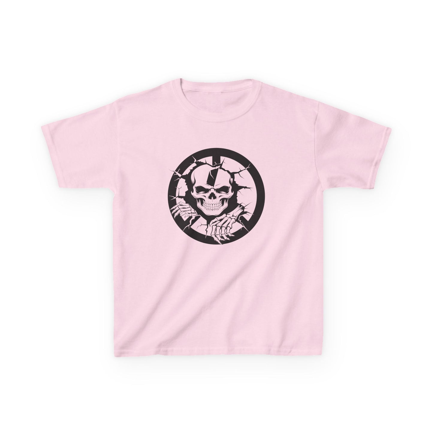 Pink t-shirt with a black skull design on a white background