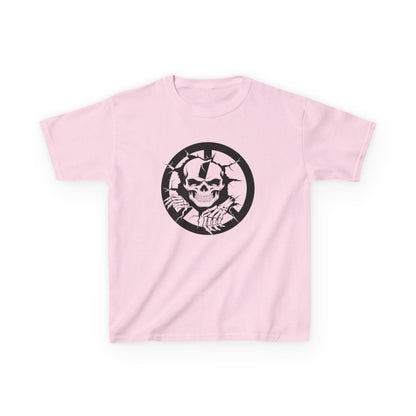 Pink t-shirt with a black skull design on a white background