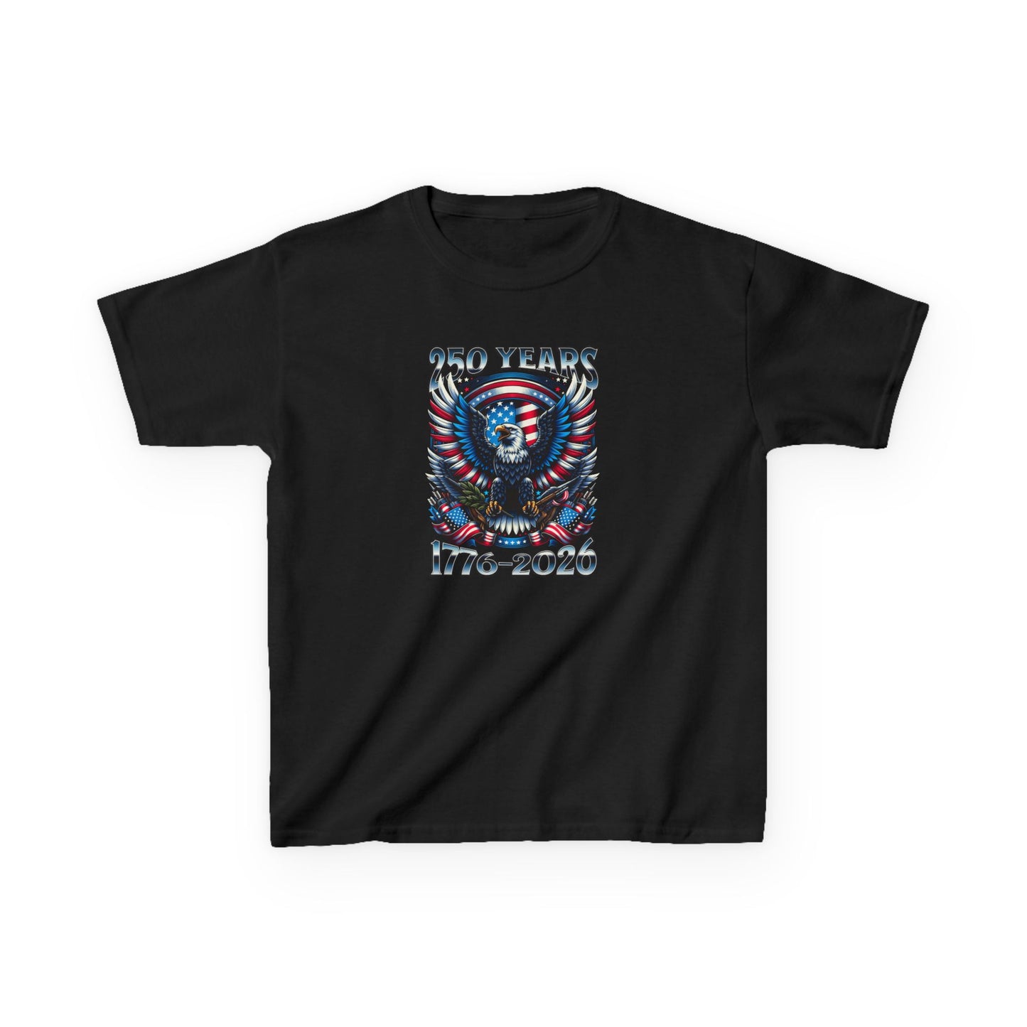 Black t-shirt with a graphic design featuring an eagle and American flag on a white background