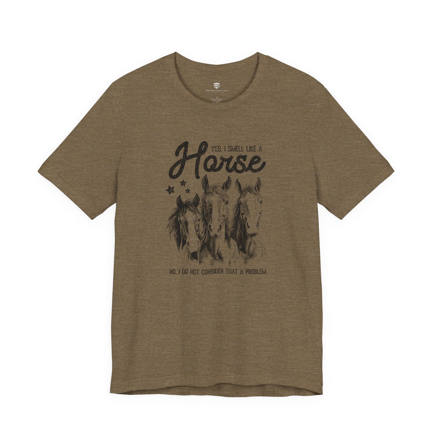 Brown t-shirt with horse graphic and text 