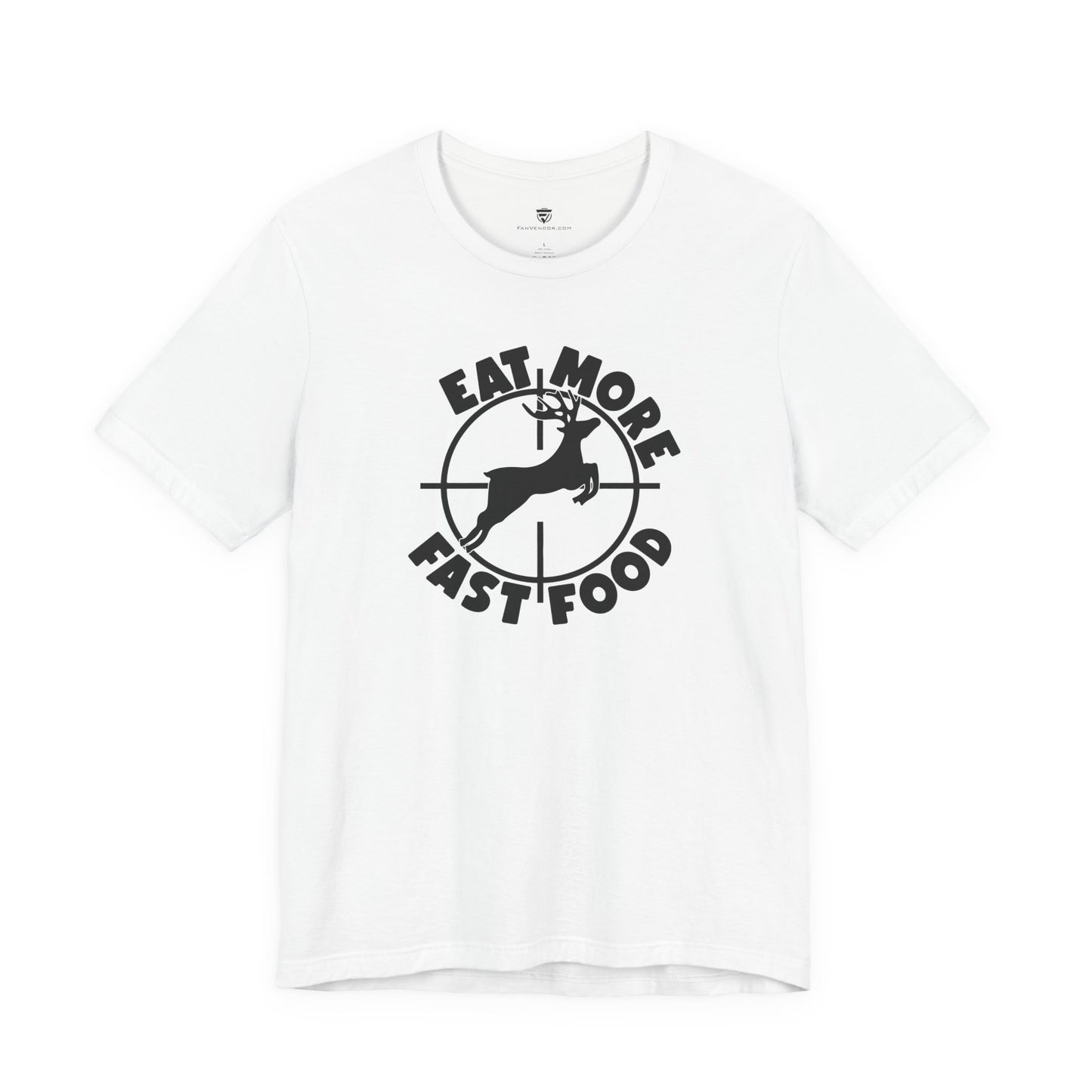 White t-shirt with black graphic and text  on a white background
