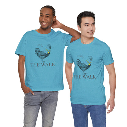 Two men wearing blue t-shirts with a rooster graphic and text on a white background