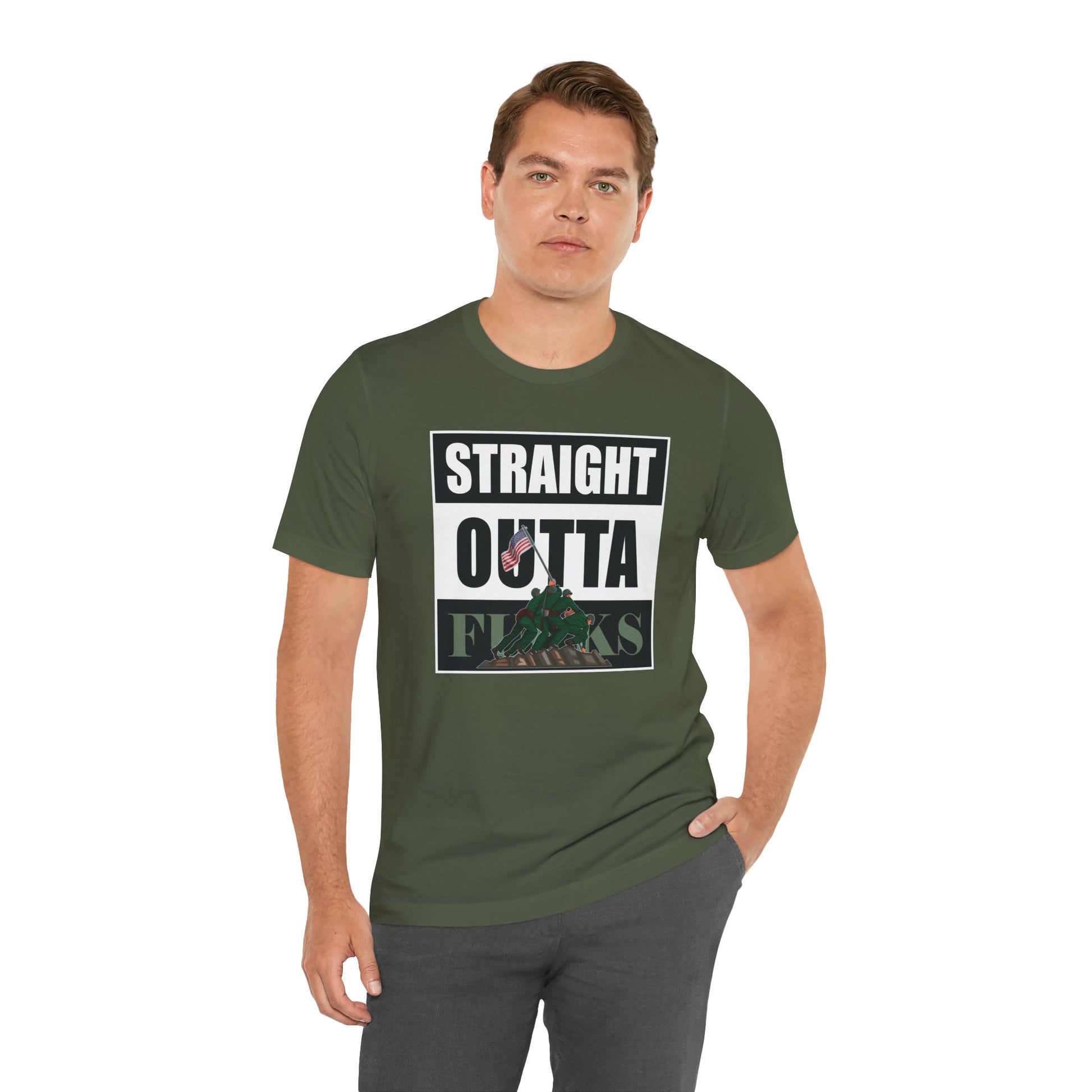 Man wearing a green t-shirt with text design on a white background