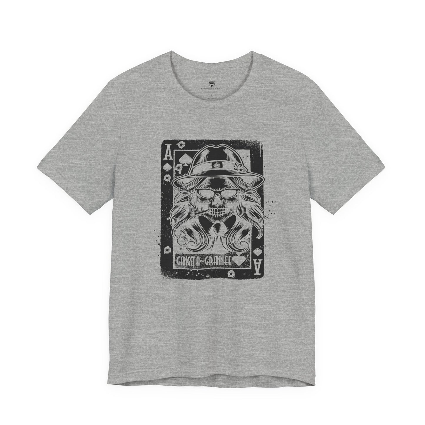 Gray t-shirt with a graphic design of a skull wearing a hat and sunglasses on a white background