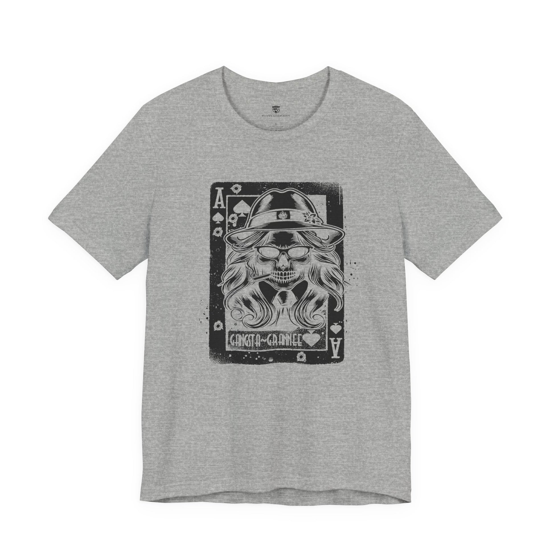 Gray t-shirt with a graphic design of a skull wearing a hat and sunglasses on a white background