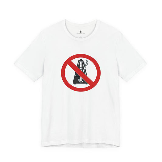White t-shirt with a red prohibition sign over a graphic on a white background