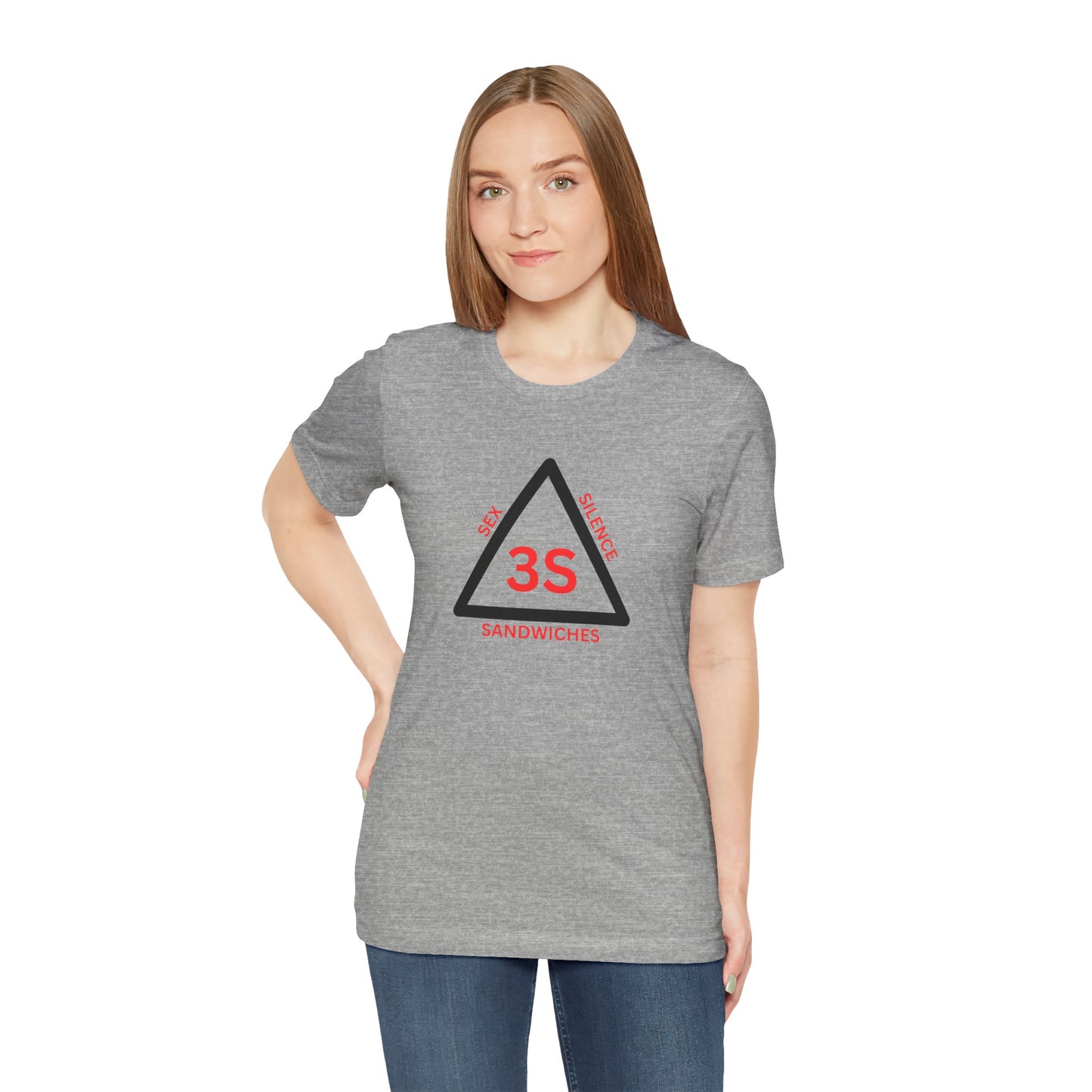 Person wearing a gray t-shirt with text on a white background
