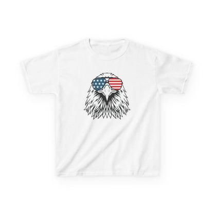 White t-shirt with an eagle wearing sunglasses featuring an American flag design on a white background