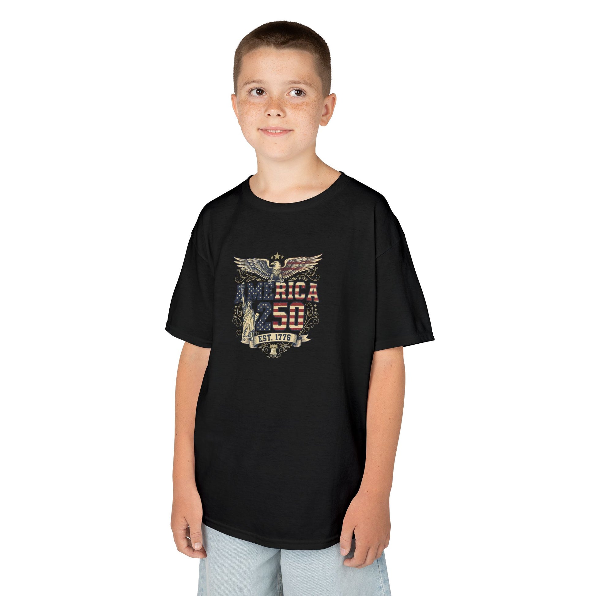 Child wearing a black t-shirt with a graphic design on a white background
