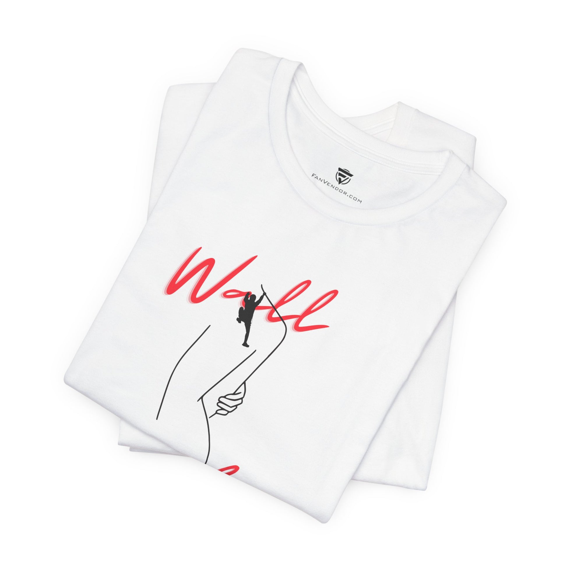 White t-shirt with red and black graphic design on a white background