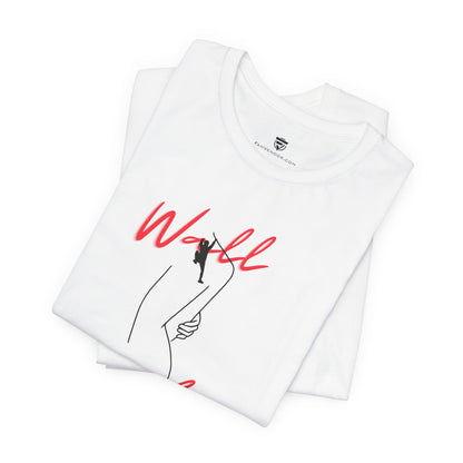 White t-shirt with red and black graphic design on a white background