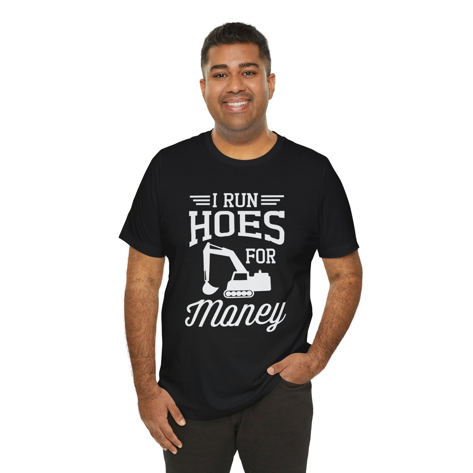 Man wearing a black t-shirt with white text and graphic on a white background