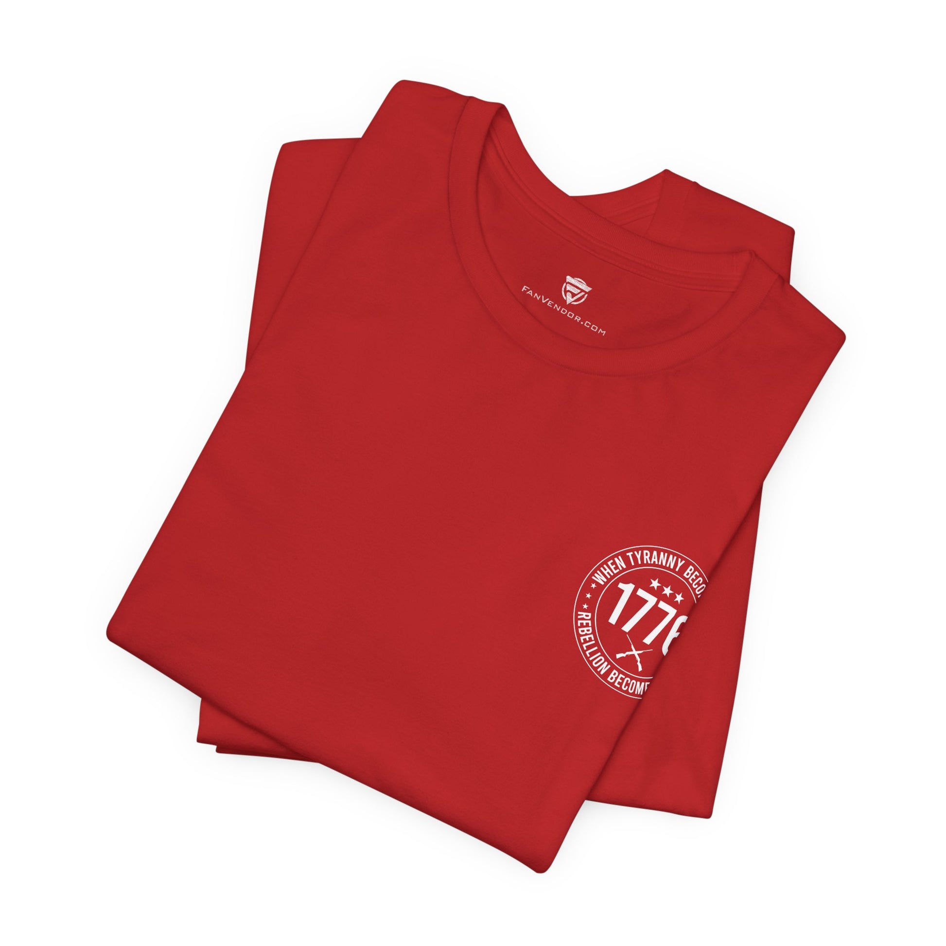 Folded red t-shirt with a white logo on a white background