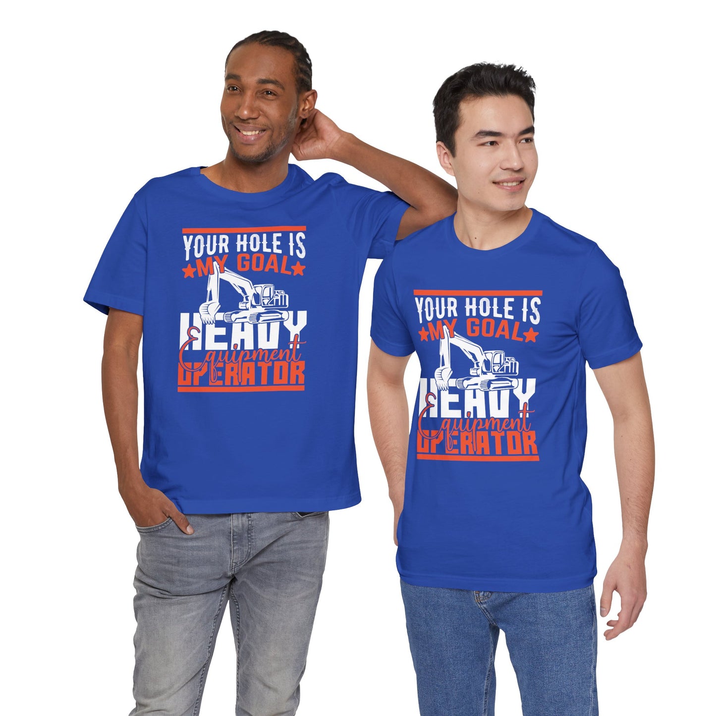 Two men wearing blue t-shirts with a humorous message on a white background