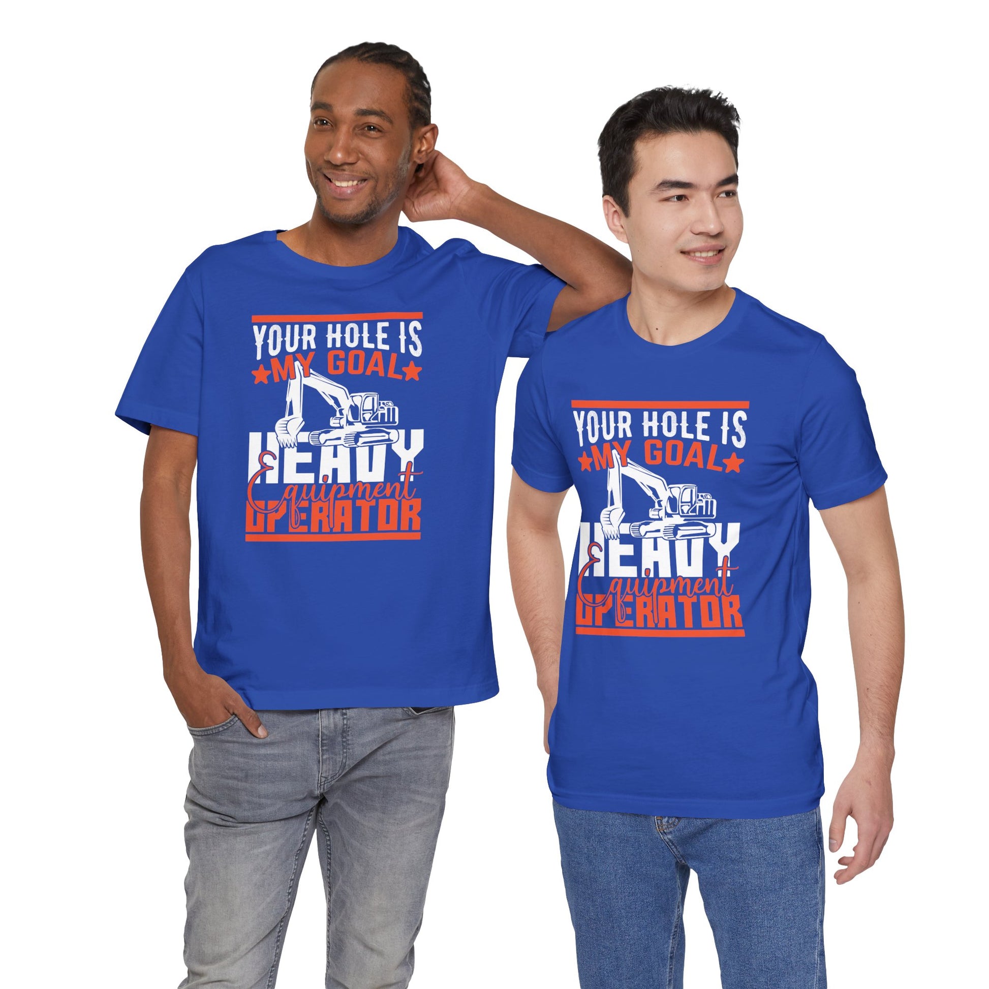 Two men wearing blue t-shirts with a humorous message on a white background