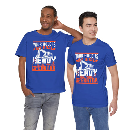 Two men wearing blue t-shirts with a humorous message on a white background