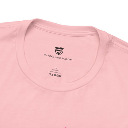 Close-up of a pink t-shirt with 'Fanvendor.com' logo and text on the collar.