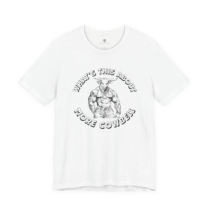 White t-shirt with graphic design and text on a white background