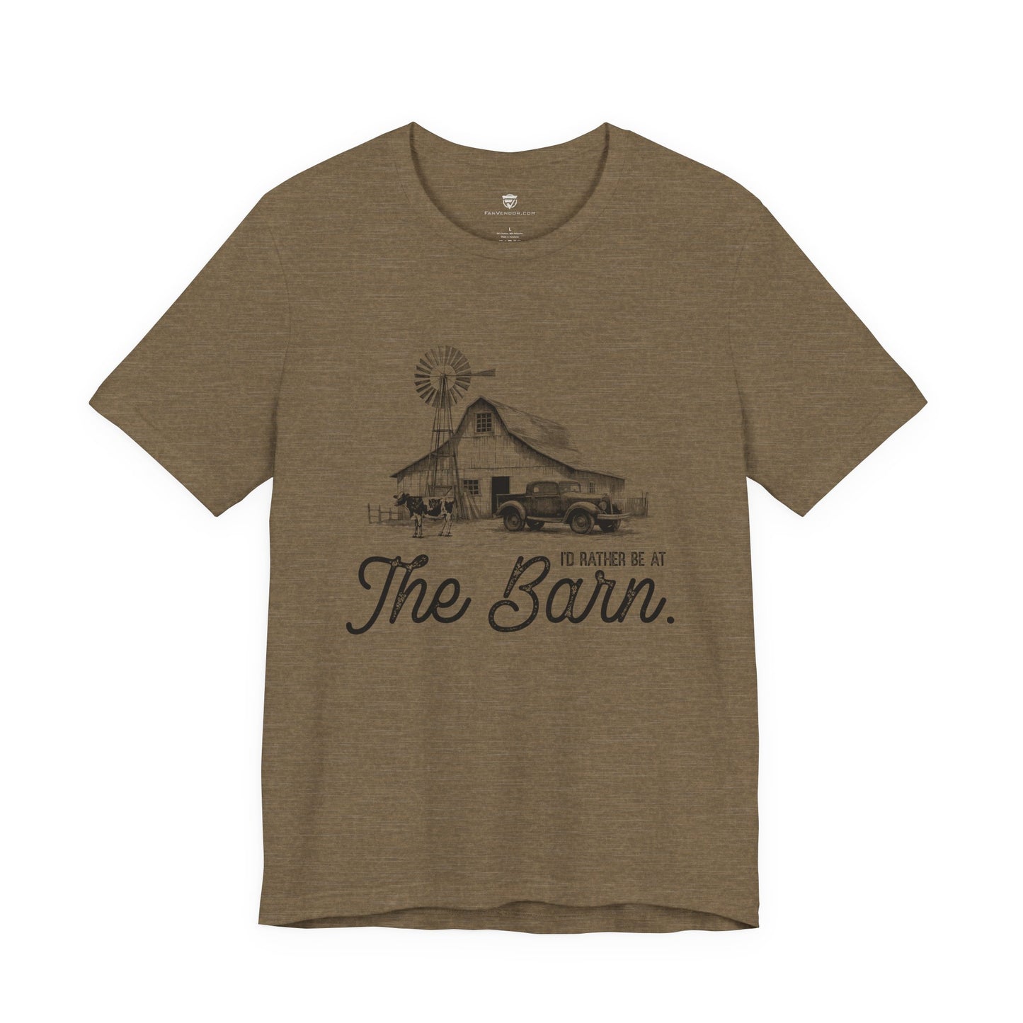Brown t-shirt with a graphic of a barn and truck, and text 'I'd rather be at The Barn'