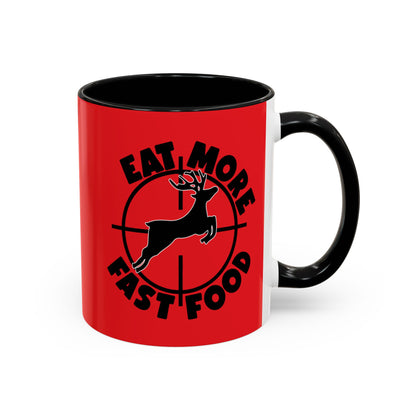 Red mug with black handle featuring a deer and text design on a white background