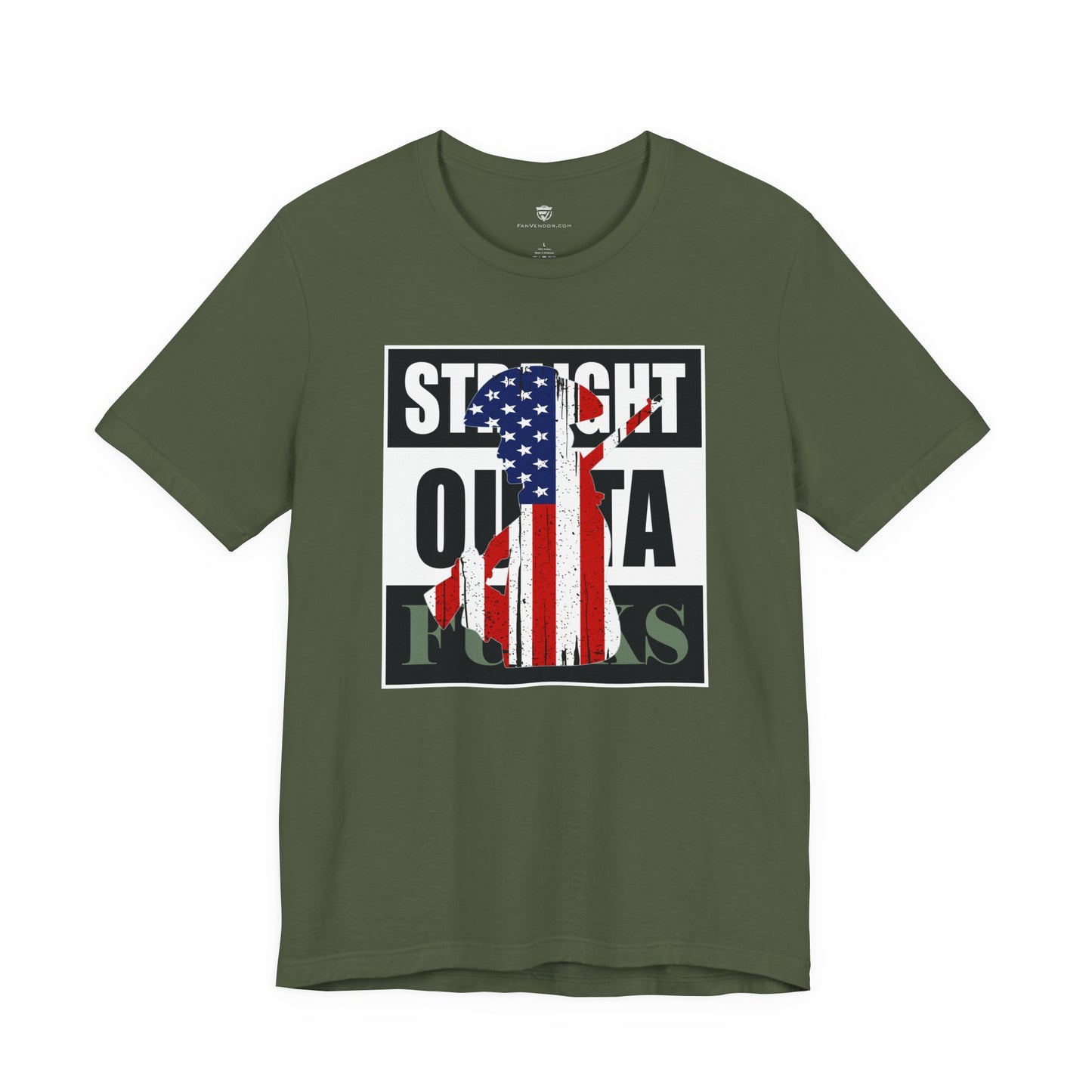 Green t-shirt with American flag graphic and text on a white background