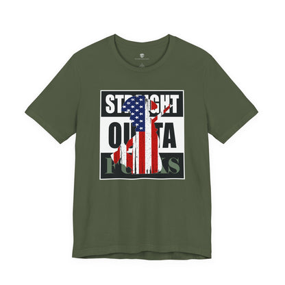 Green t-shirt with American flag graphic and text on a white background