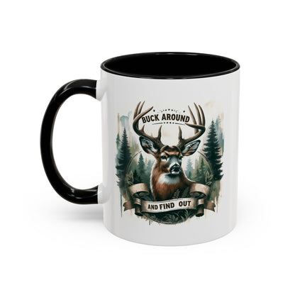 Mug with a deer design and text on a white background