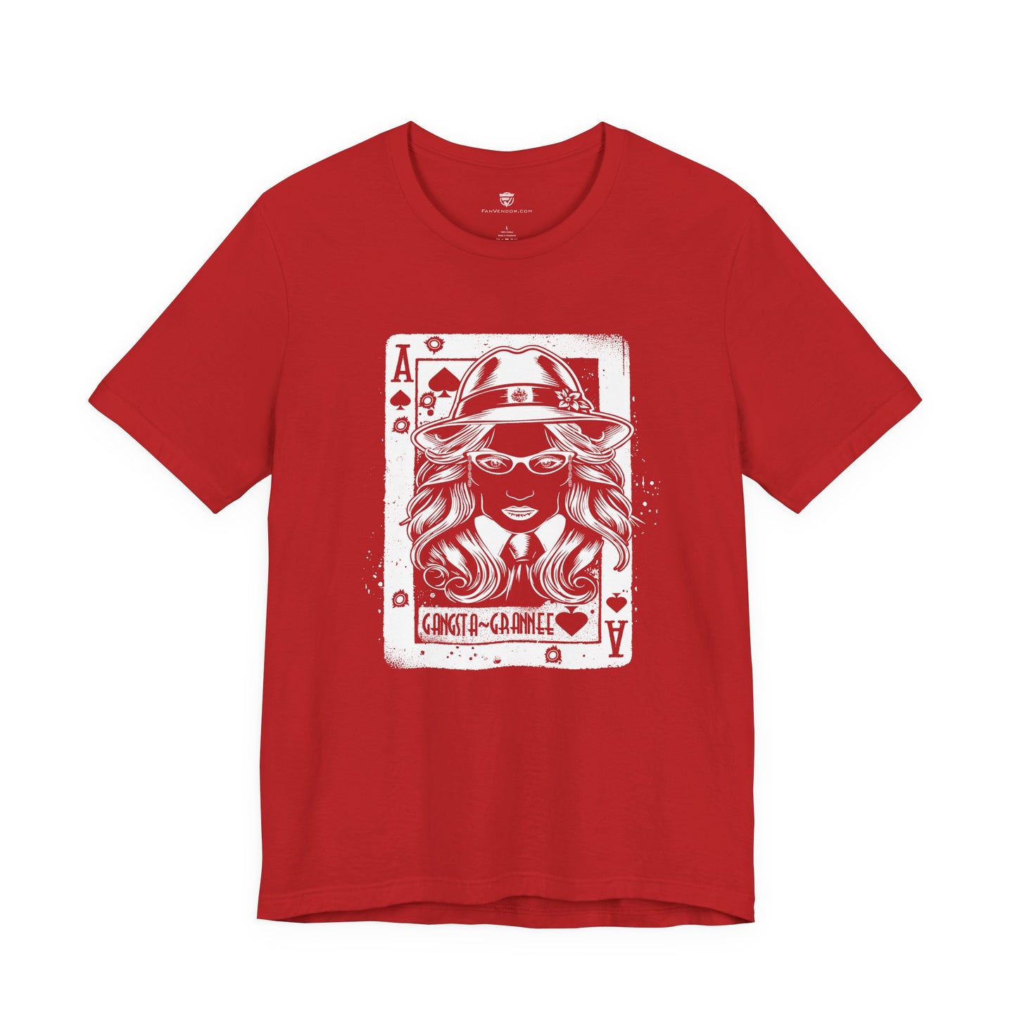 Red t-shirt with a graphic design of a card featuring a woman's face on a white background
