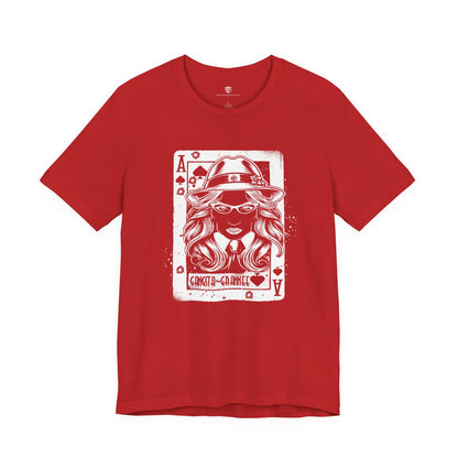 Red t-shirt with a graphic design of a card featuring a woman's face on a white background