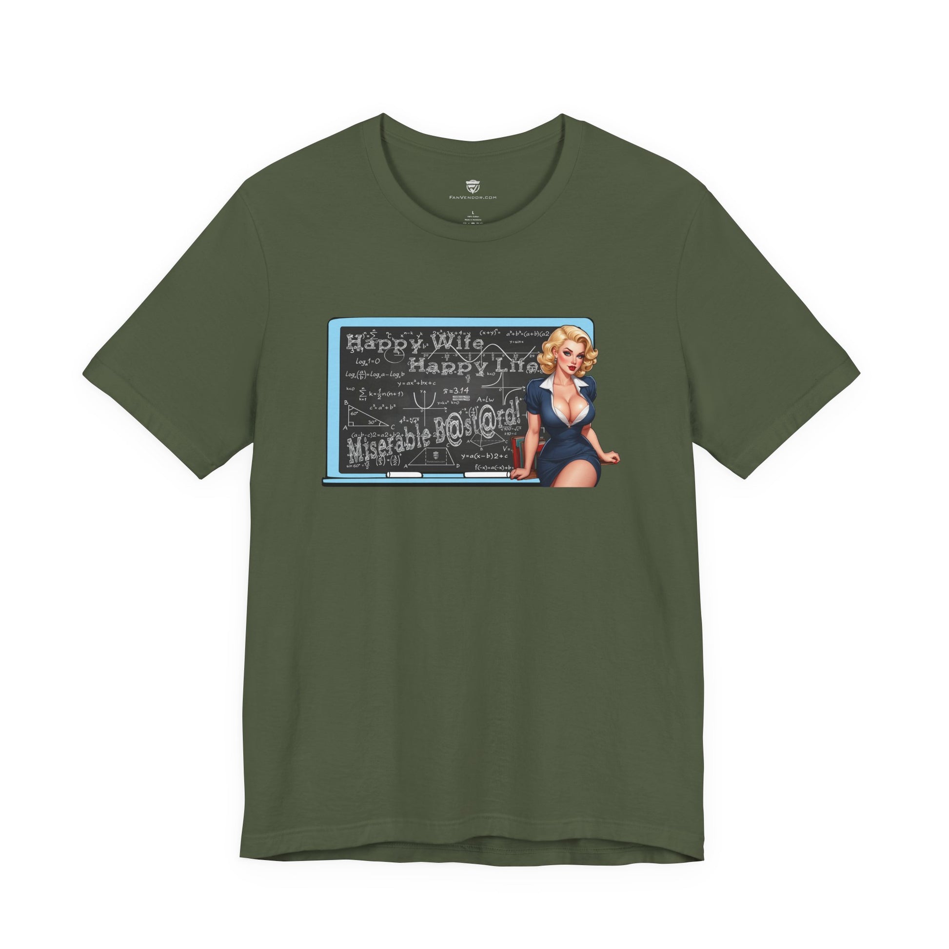 Green t-shirt with a graphic design of a woman in a blue dress on a white background