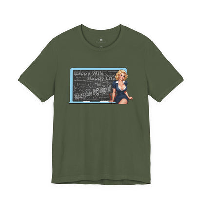 Green t-shirt with a graphic design of a woman in a blue dress on a white background