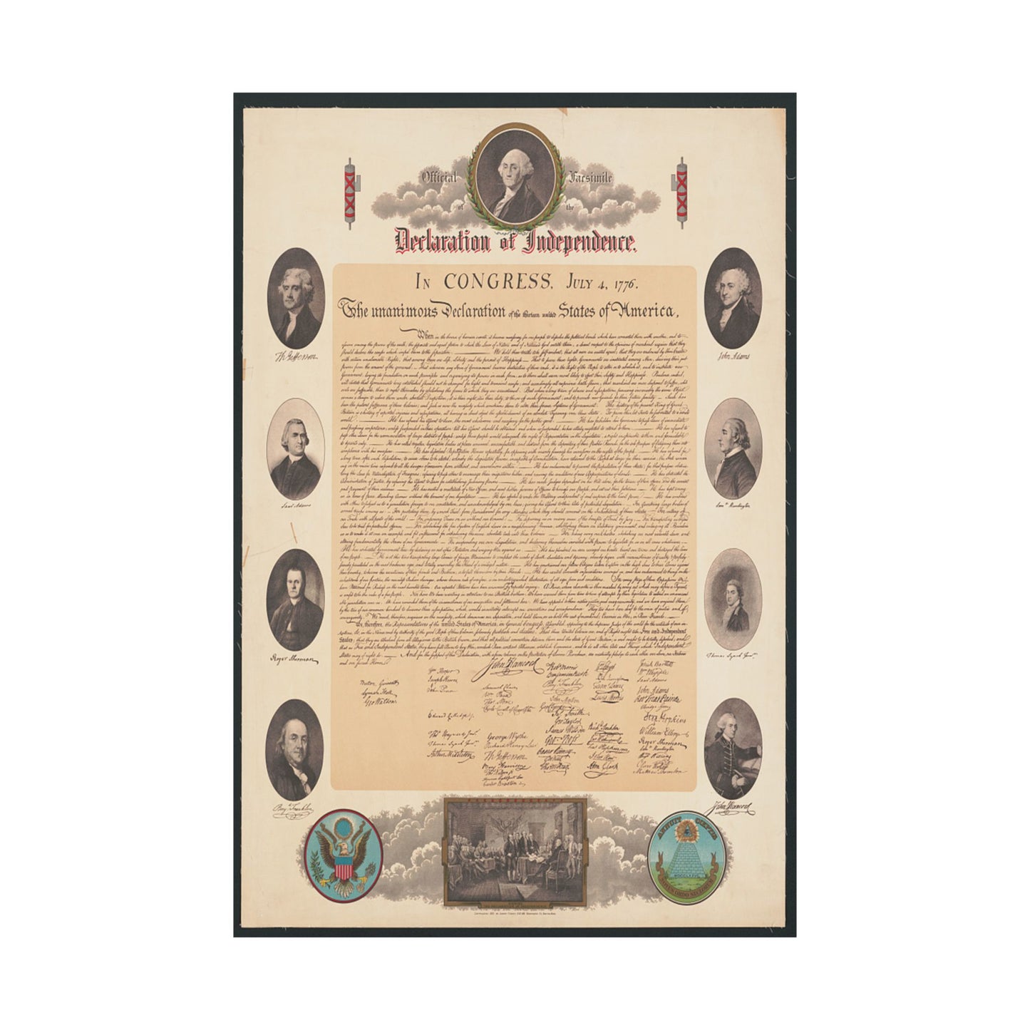 Copy of the Declaration of Independence with portraits and decorative elements.