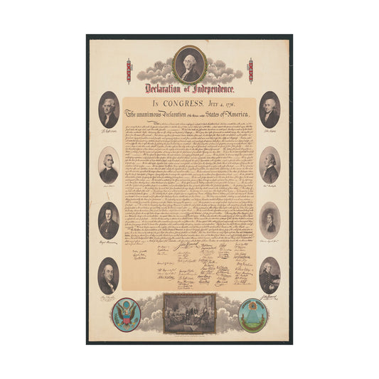Copy of the Declaration of Independence with portraits and decorative elements.