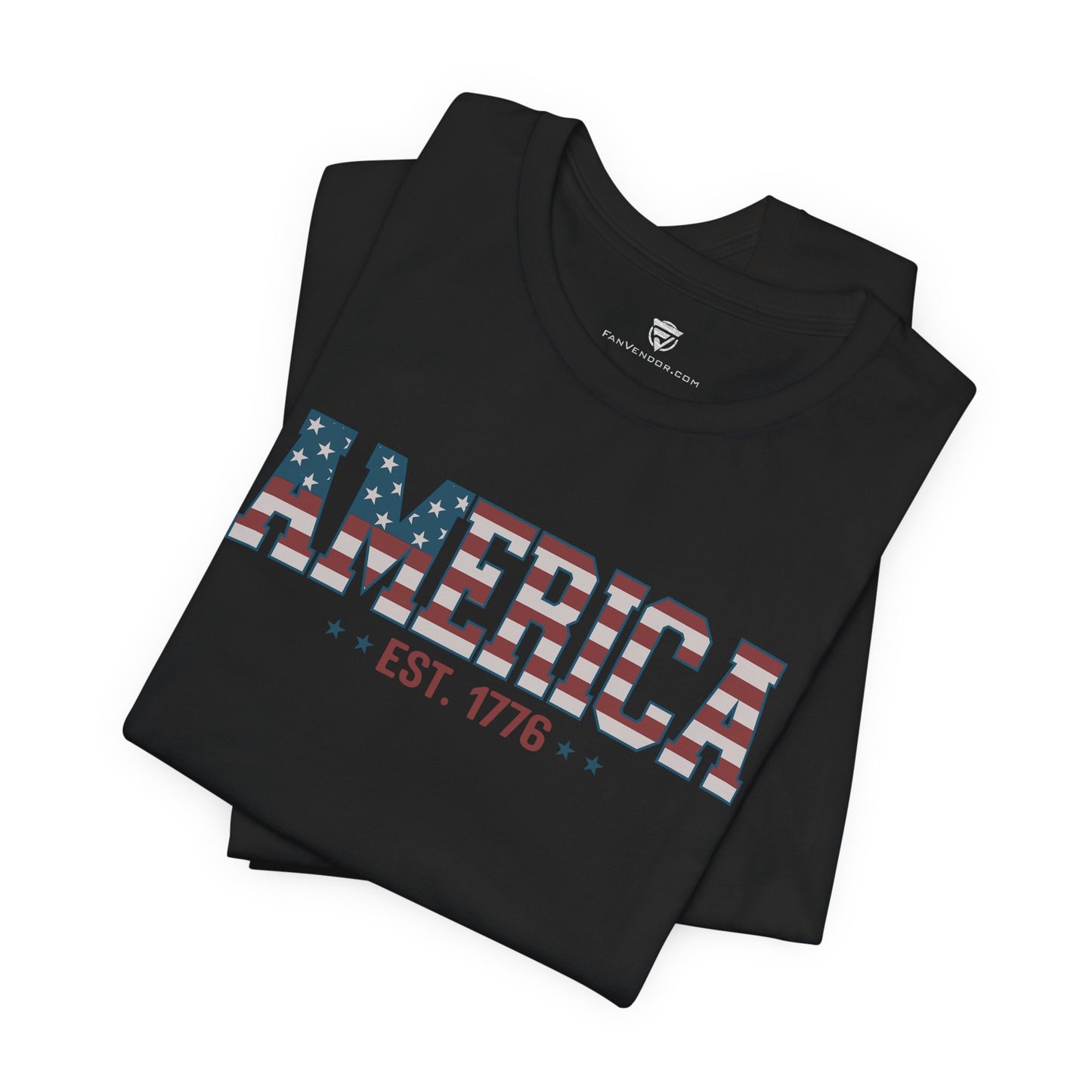 Black t-shirt with 'America EST. 1776' design on a white background