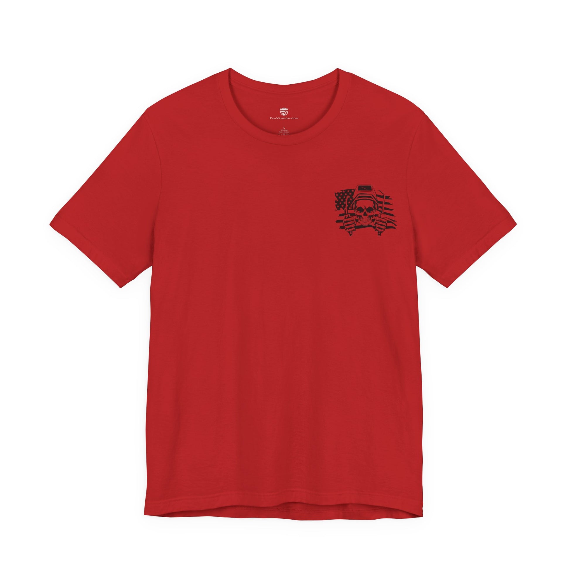 Red t-shirt with a black graphic on a white background