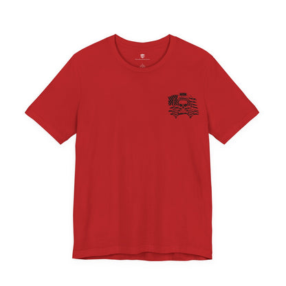 Red t-shirt with a black graphic on a white background