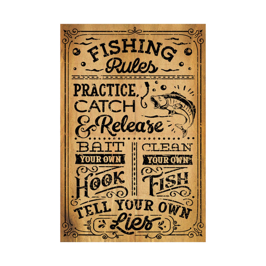 Wooden sign with fishing-themed text and a fish illustration on a white background